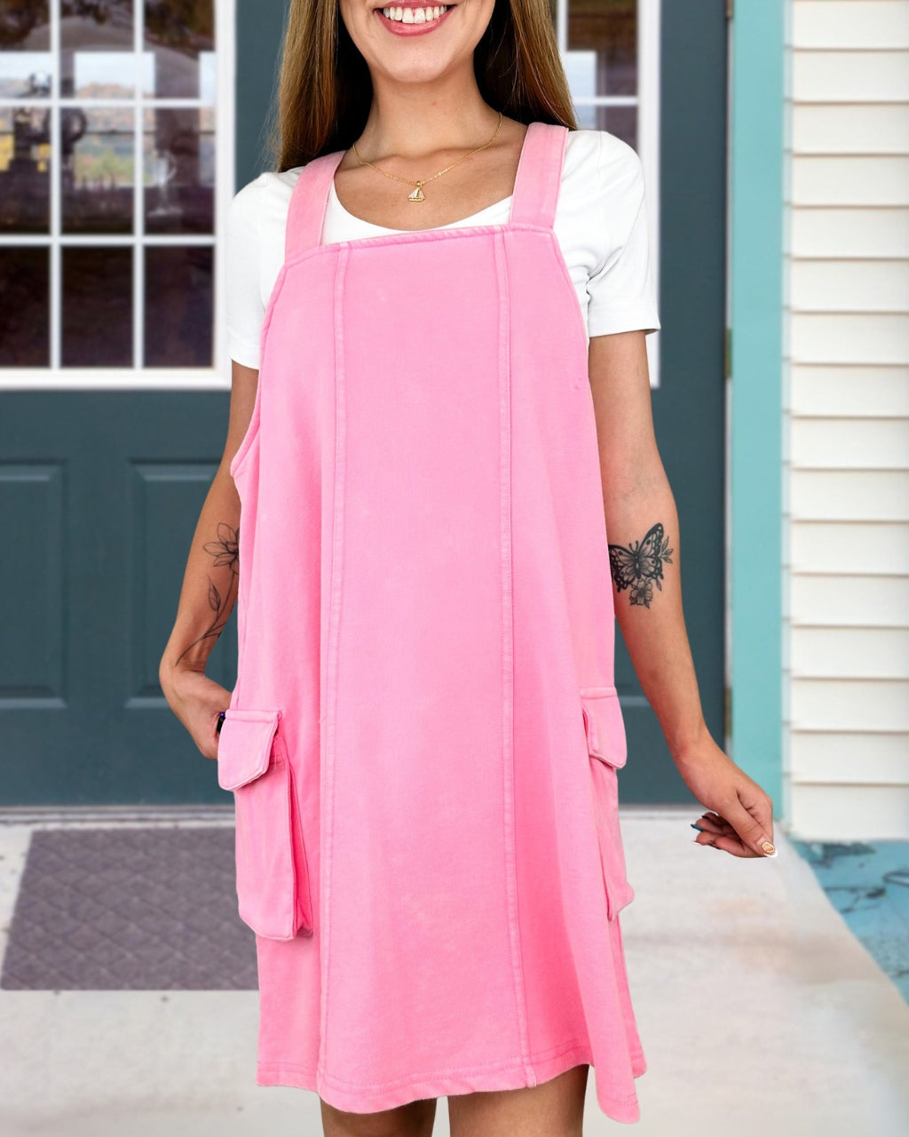 Simple Washed Distressed Overalls Dress