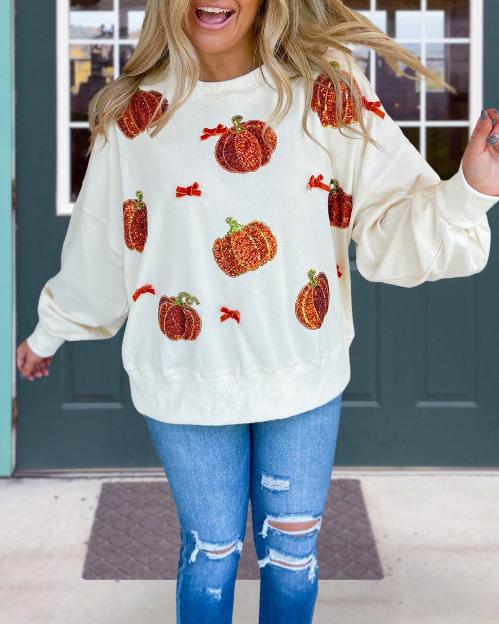 Pumpkin Sequins Embroidered Oversized Sweatshirt