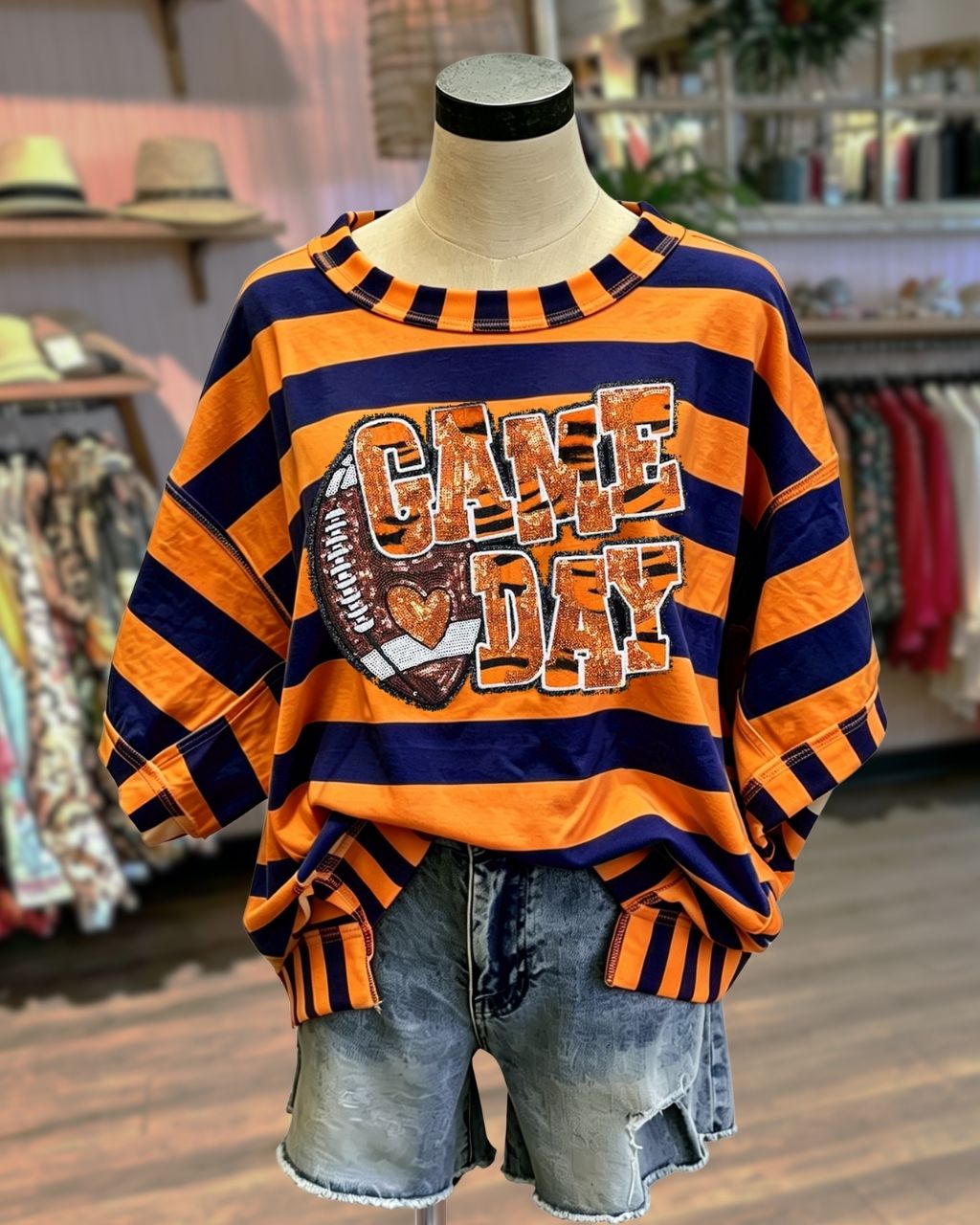 Football Game Day Sequined Striped Top