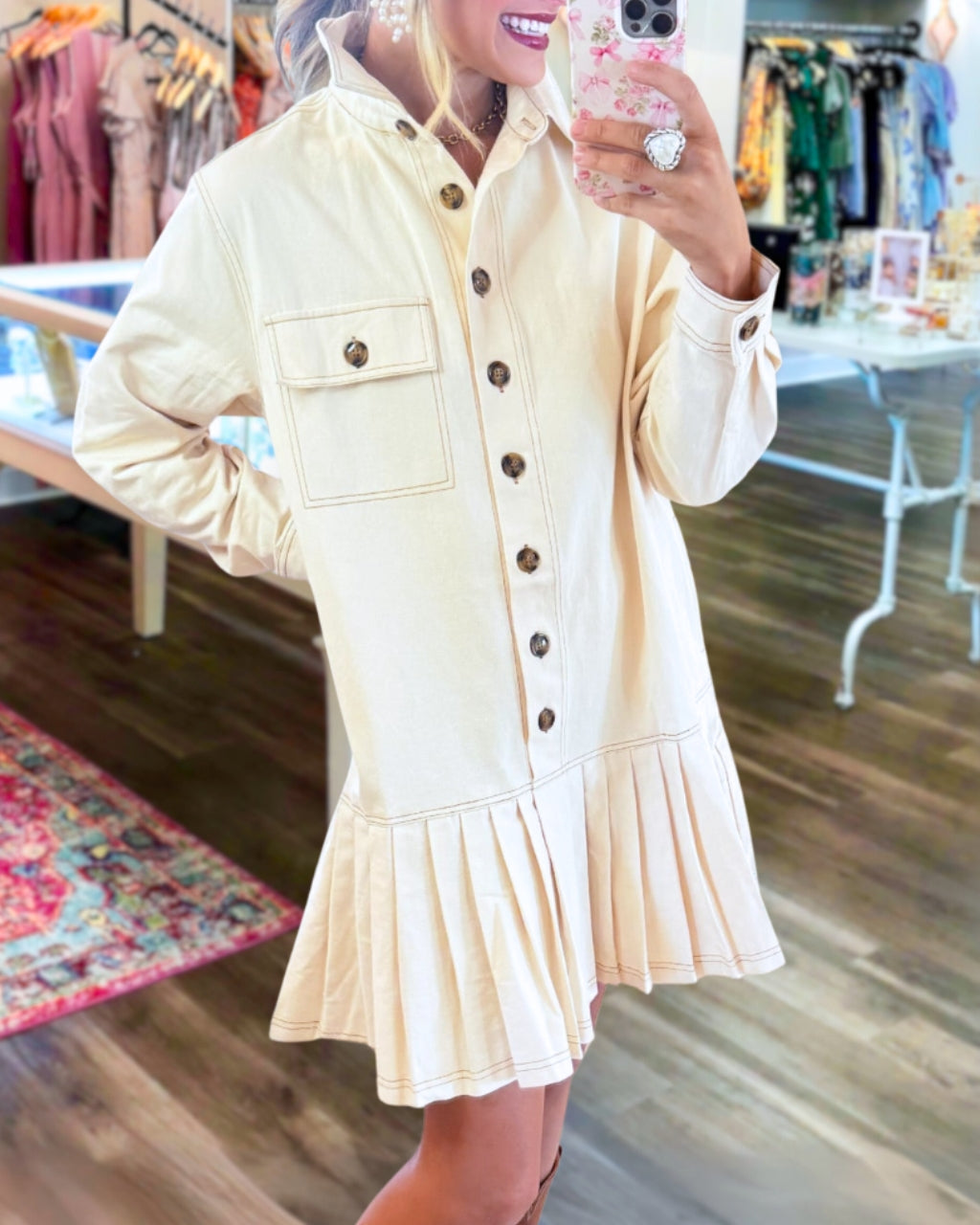 Pleated Hem Collared Button Dress