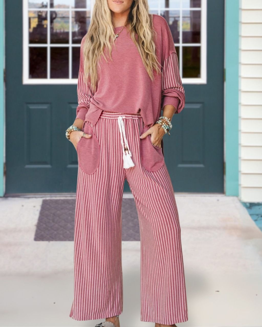 Vertical-striped Color-block Set