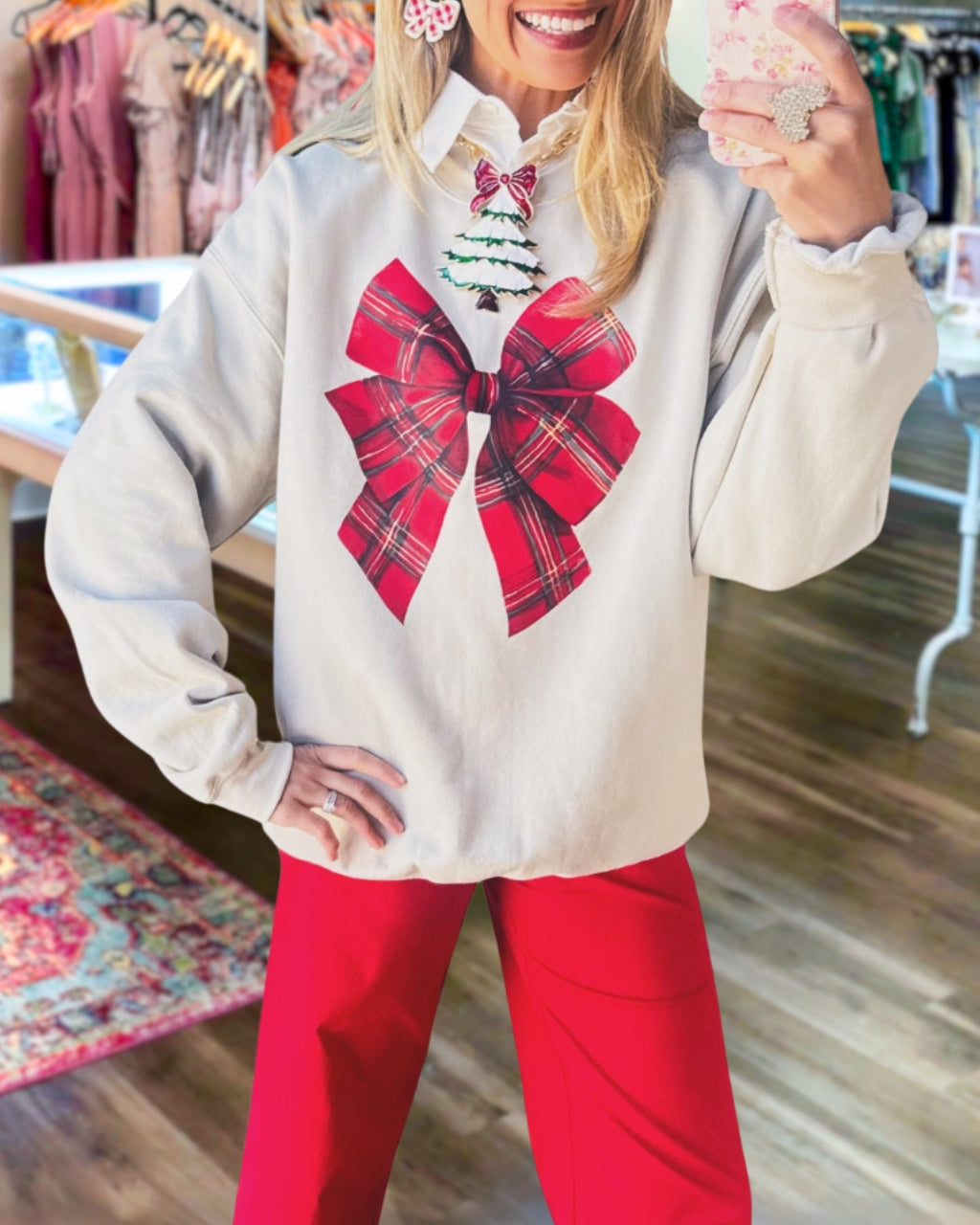 Chic Plaid Bow Print Sweatshirt