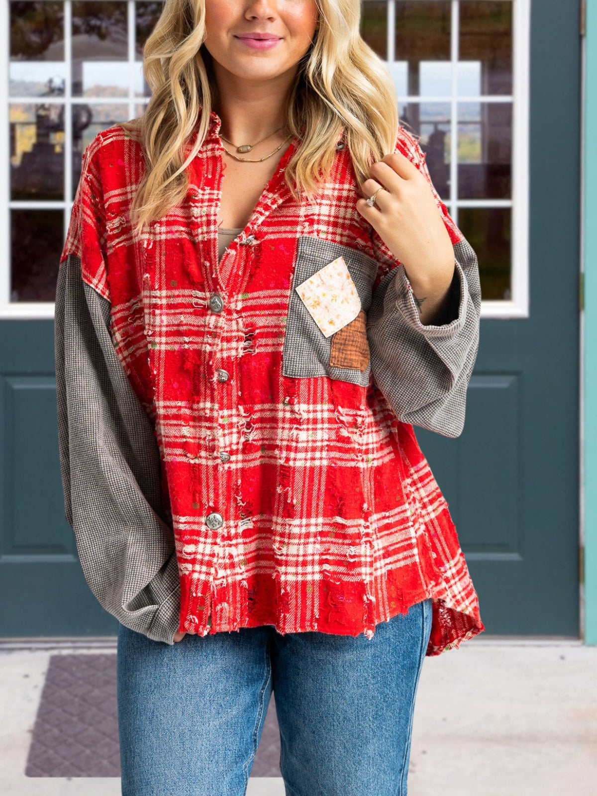 Plaid Patchwork Waffle Wool Blend Shirt