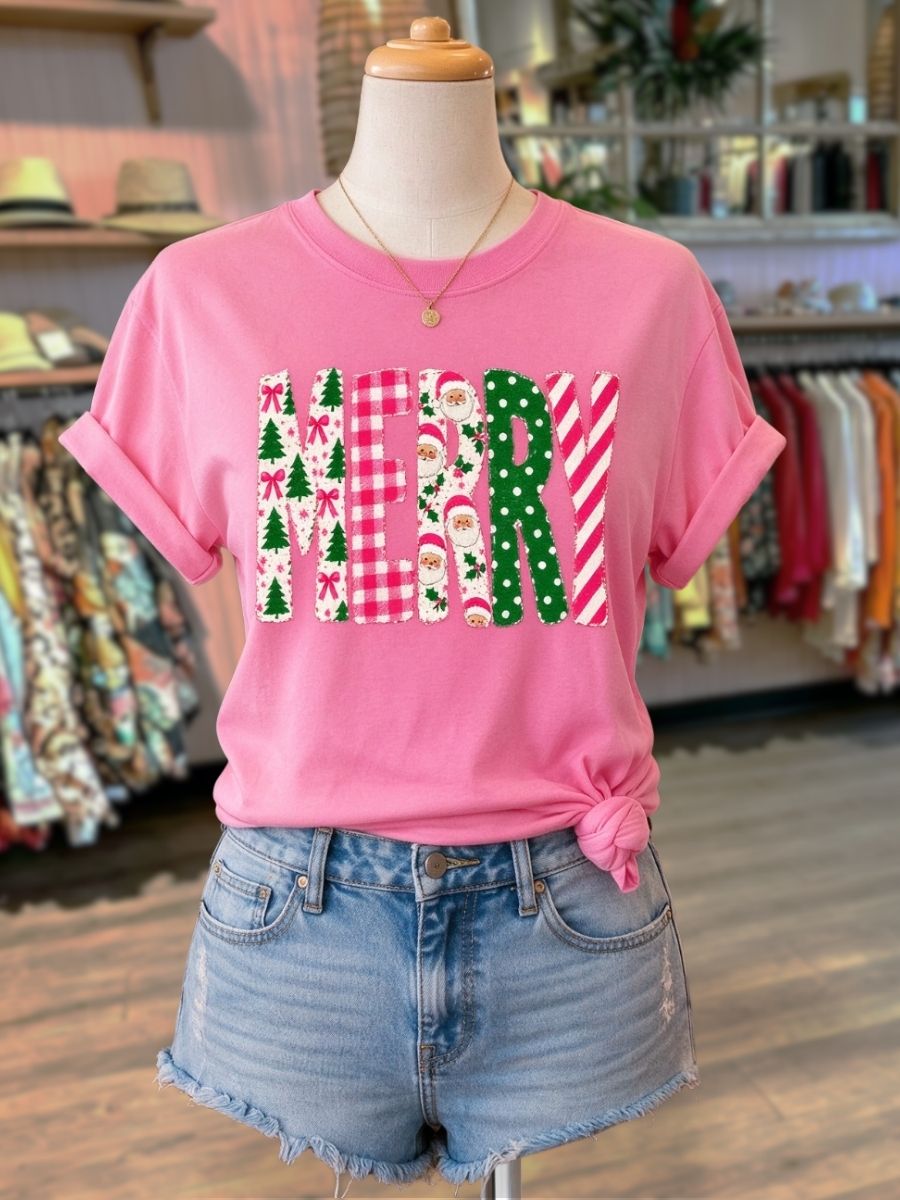 "MERRY" Embroidered Christmas Tree T-Shirt