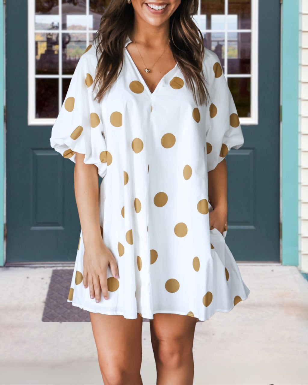 Polka Dot Puff-Sleeve Mini Dress