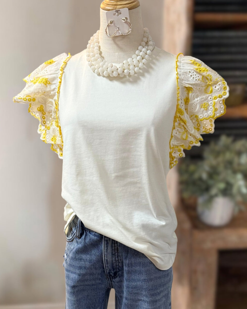 Embroidered Openwork Ruffled Sleeve Top