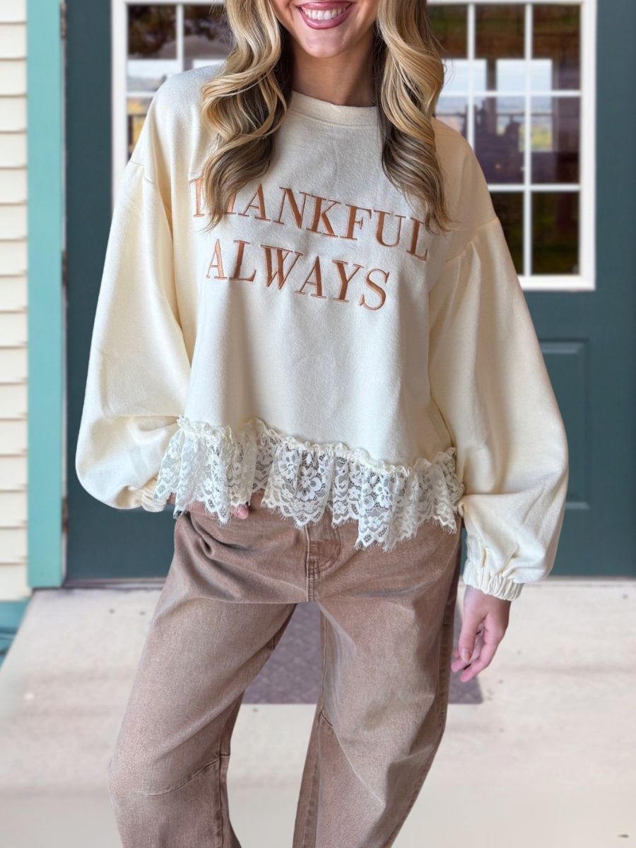 THANKFUL ALWAYS Embroidered Lace Pullover
