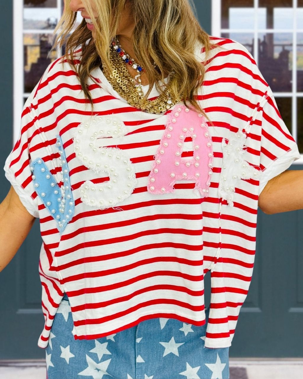 USA Beaded Appliqué Striped Top