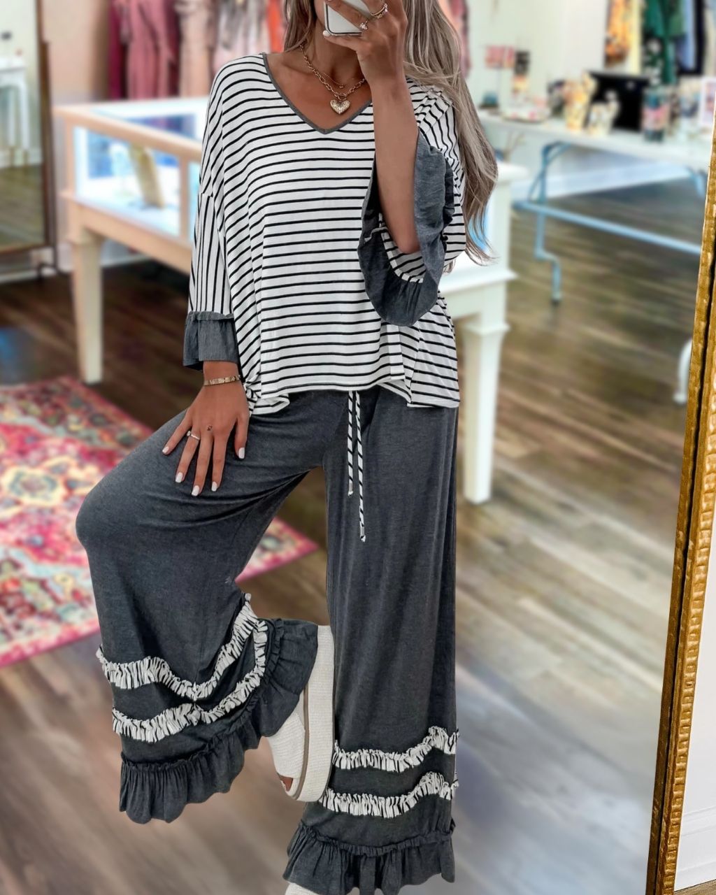 Striped Ruffled Wide-Leg Pants Set