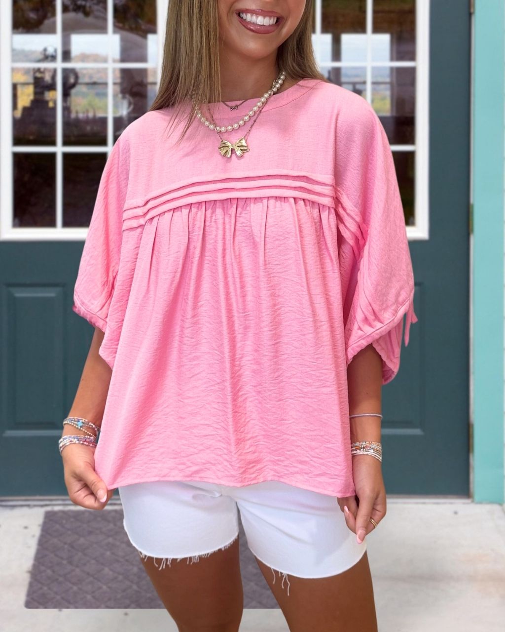 Casual Gathered Crew-Neck Top