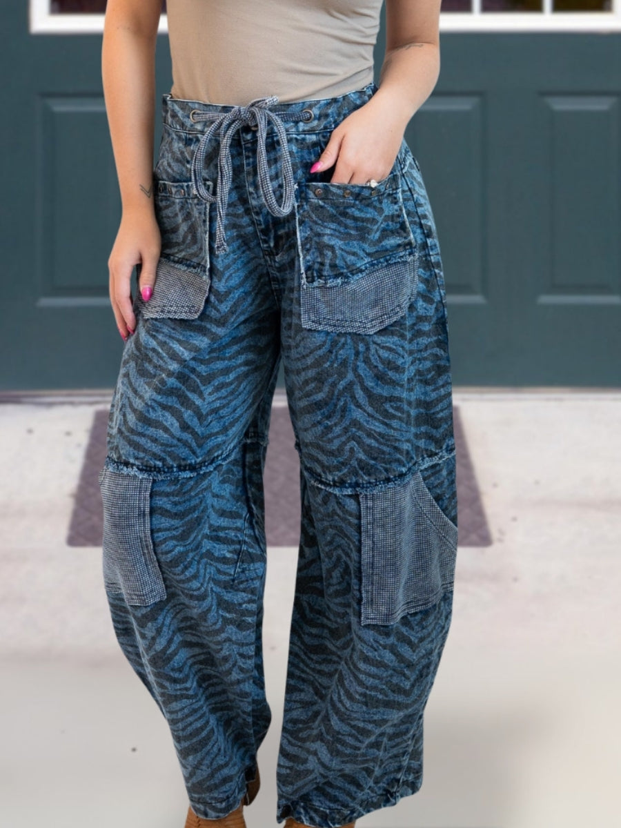 Zebra Print Denim Waffle Patchwork Pants
