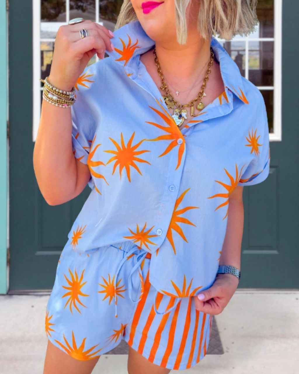 Resort Sun Print Striped Shorts Set