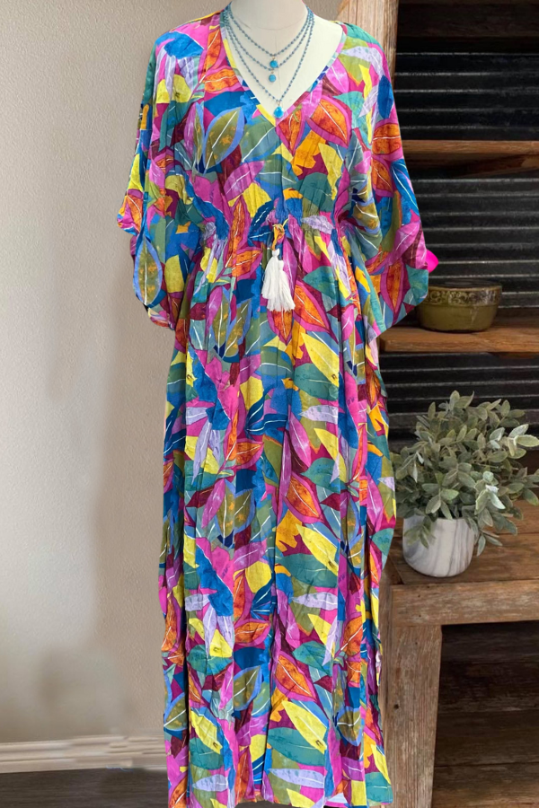 Magenta Multicolor Leaf Maxi Dress