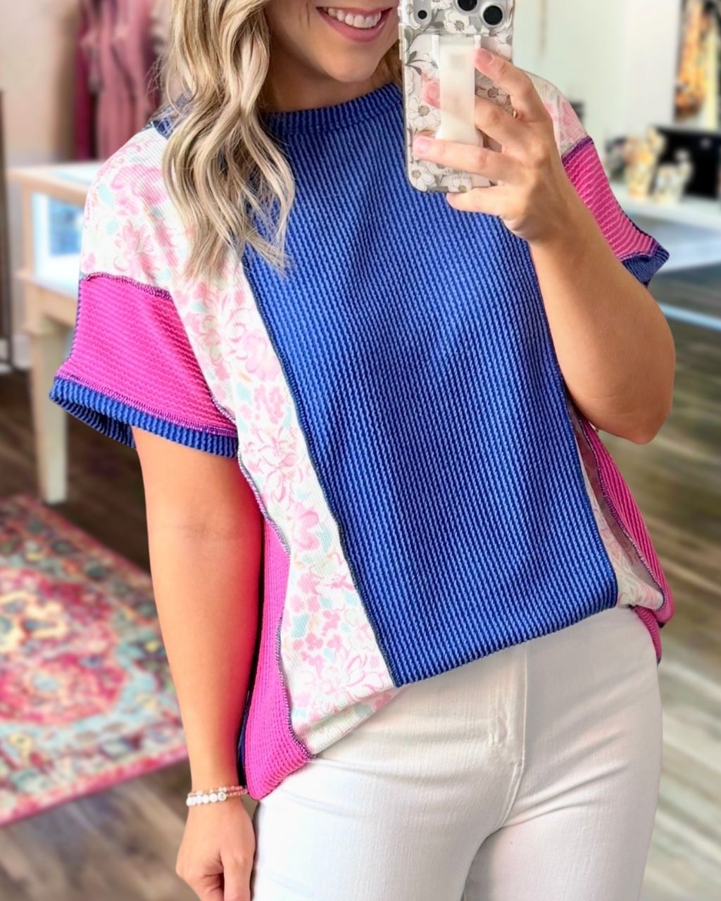 Color-block Floral Ribbed Top