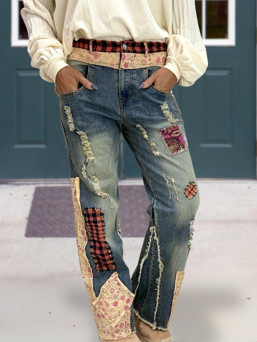 Floral Plaid Patch Jeans