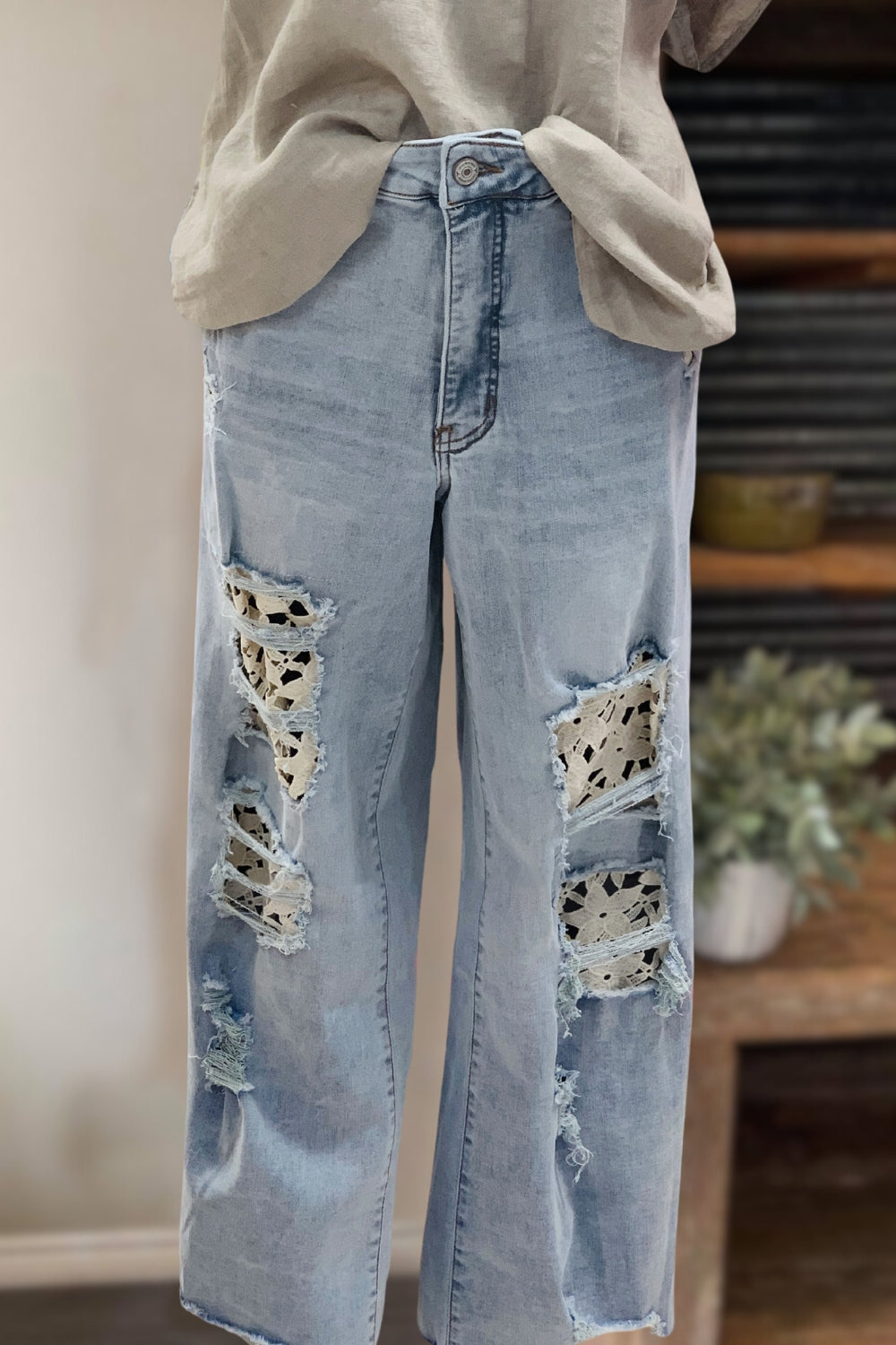 Denim-Lace Fusion Distressed Jeans