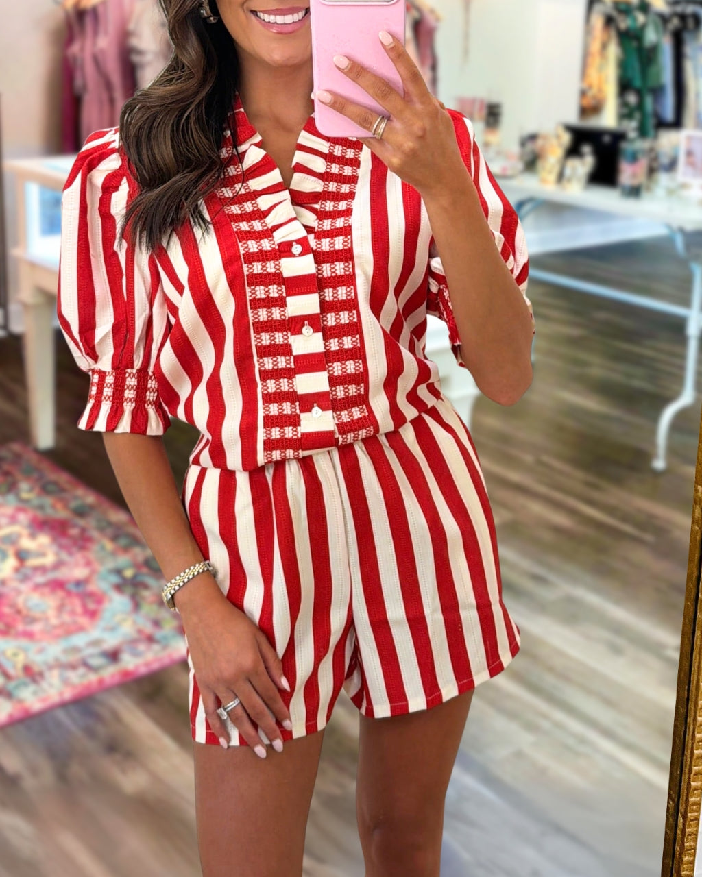 Ruffled V-neck Striped Shorts Set
