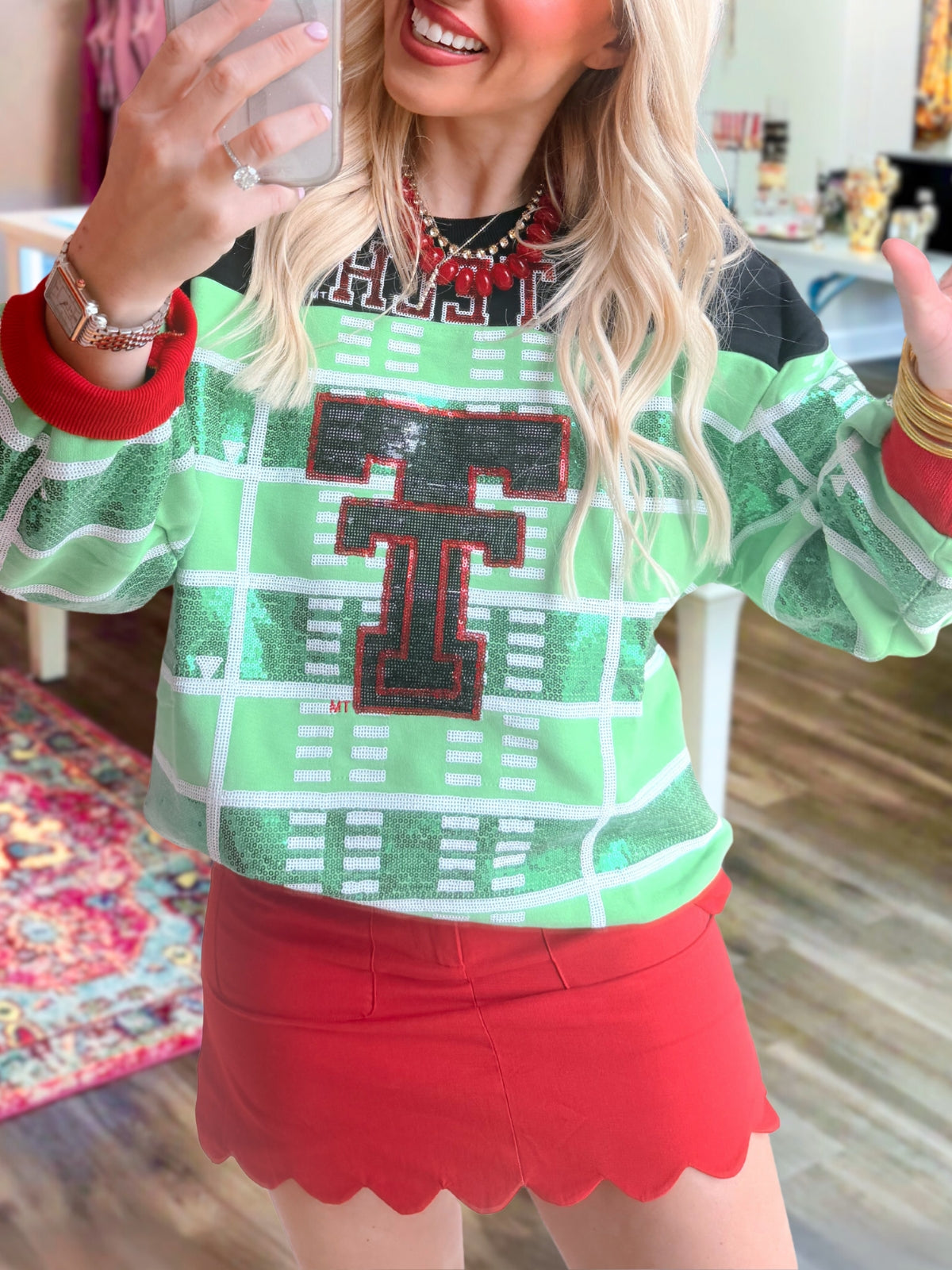 T Logo Game Day Sequin Plaid Pullover