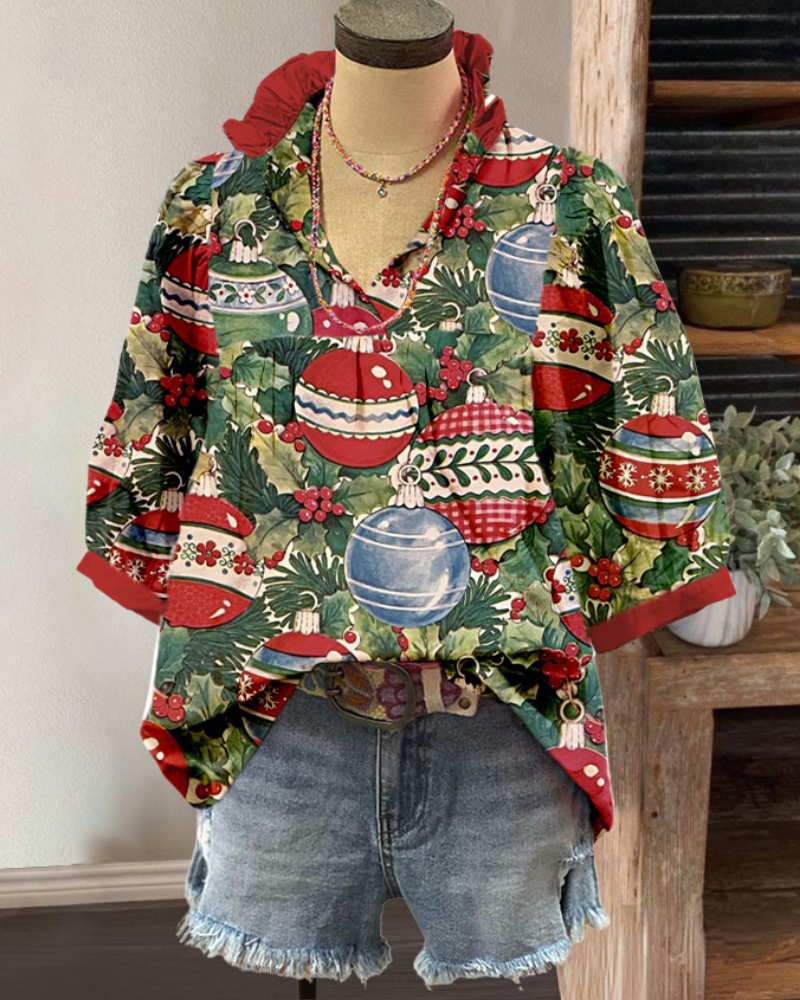 Christmas Trim Satin V-Neck Top