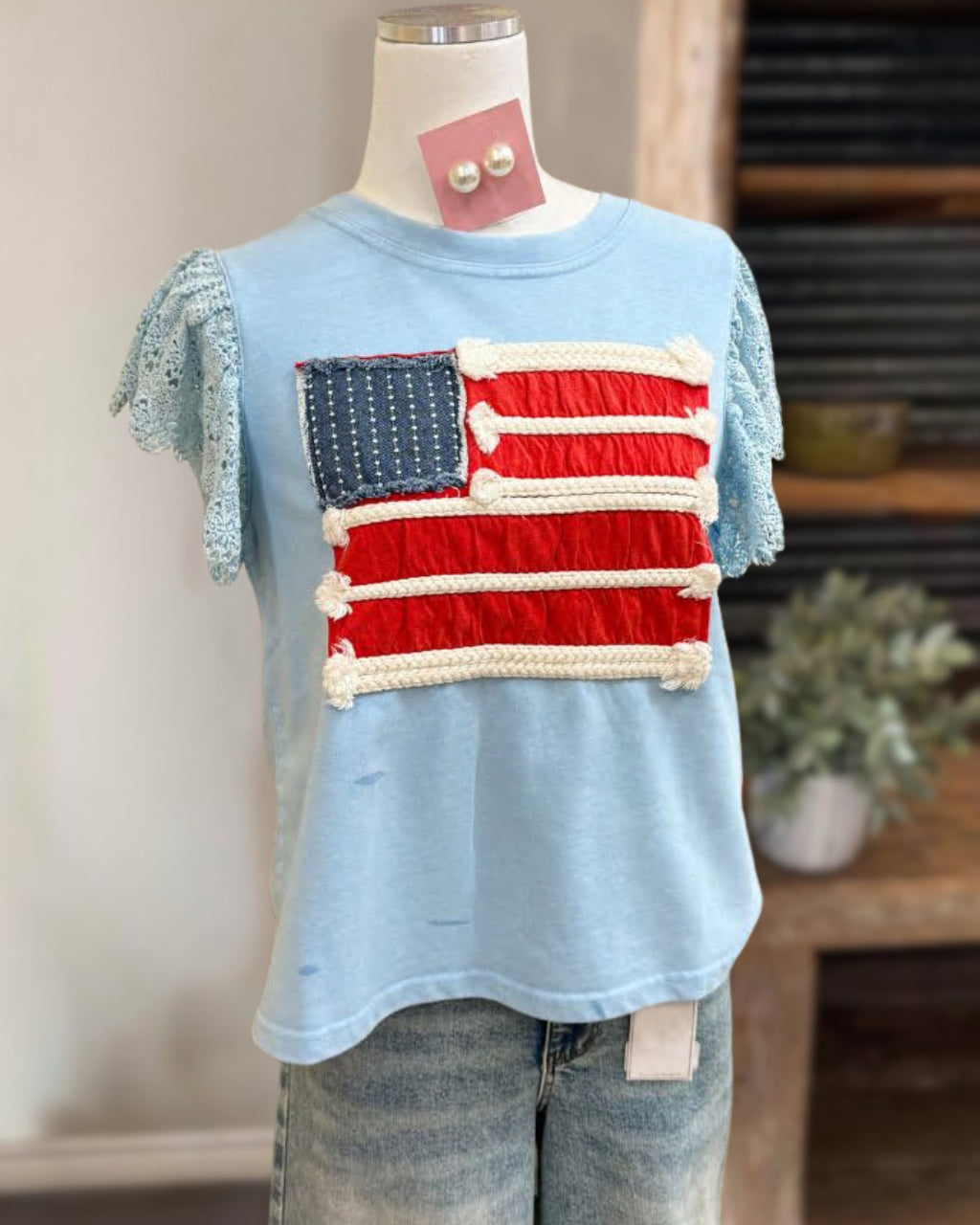 Flag Lace Patchwork T-shirt