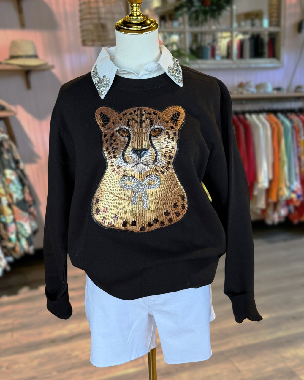 Leopard Print Sequined Bow Pullover
