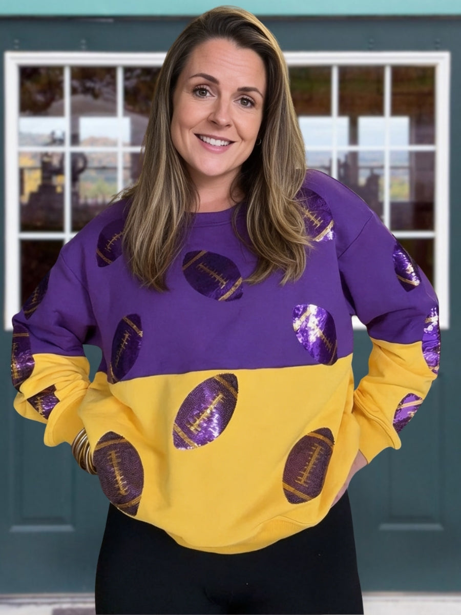 Game Day Sequined Football Color Block Pullover