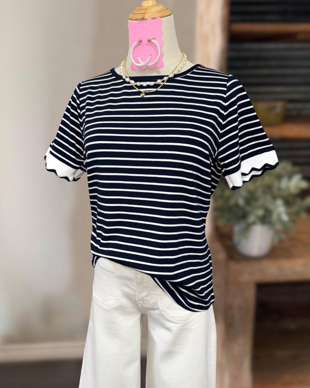 Wavy Trim Striped Top
