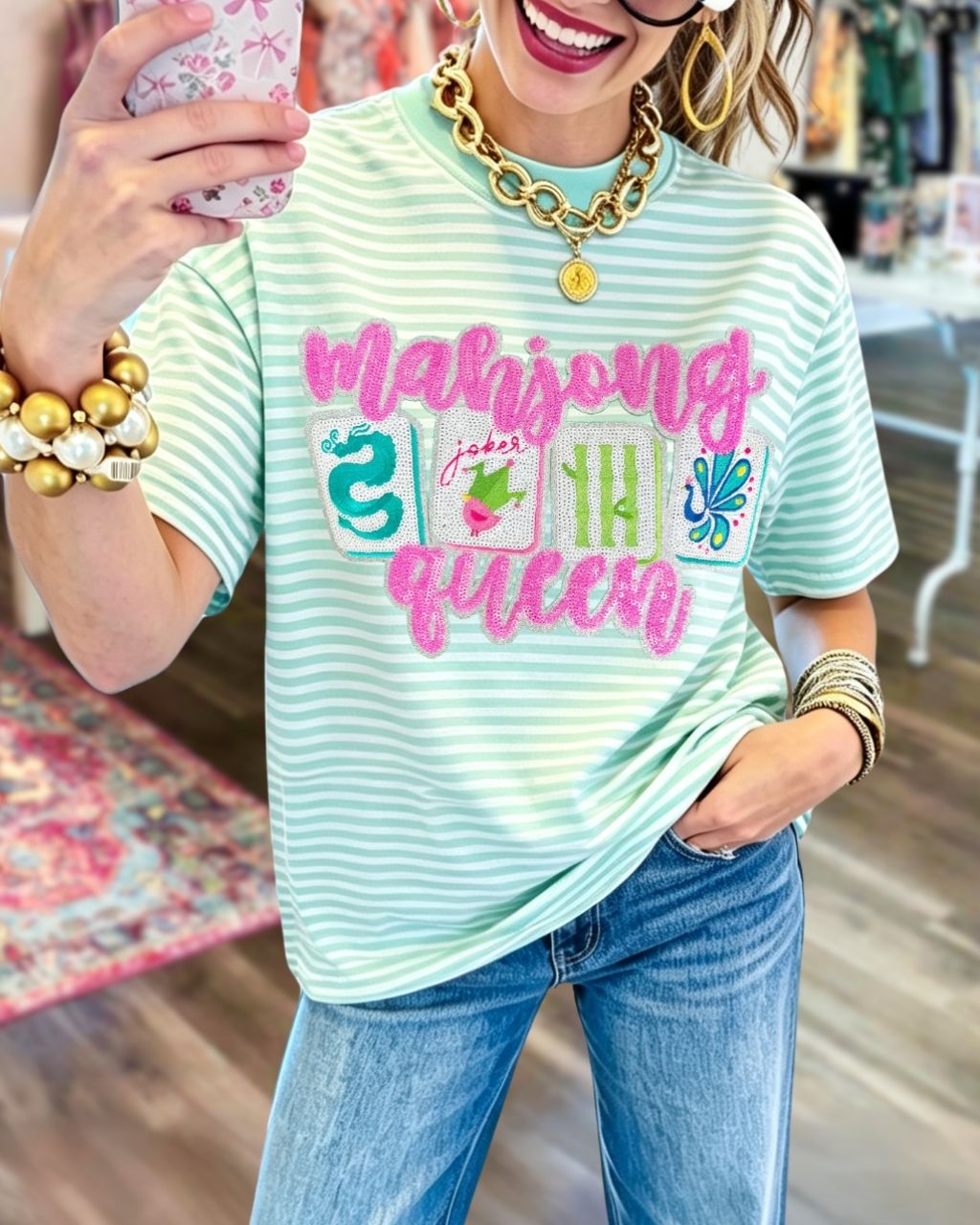 Mahjong Queen Sequin Striped T-shirt