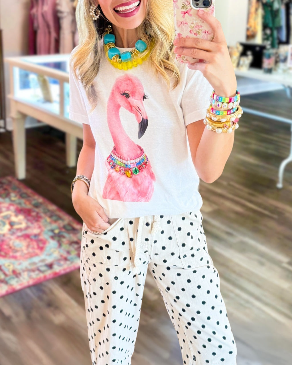 Flamingo Gemstone Necklace Printed Tee