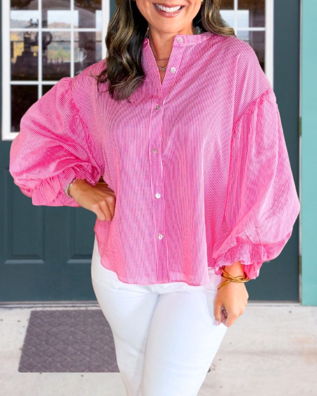 Casual Striped Puff-sleeve Shirt