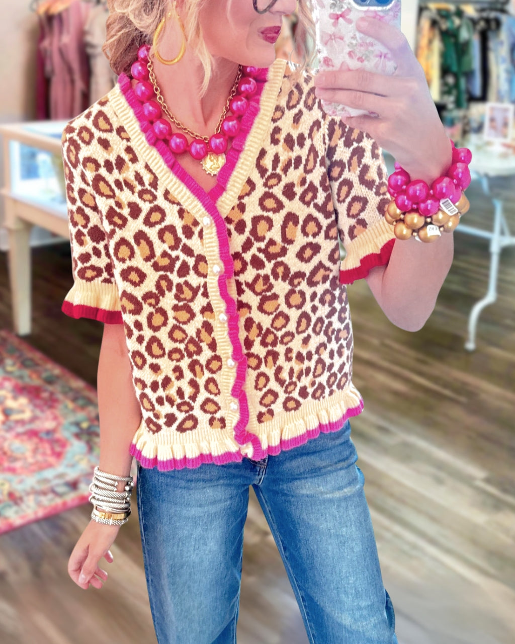 Chic Leopard Contrast Trim Cardigan