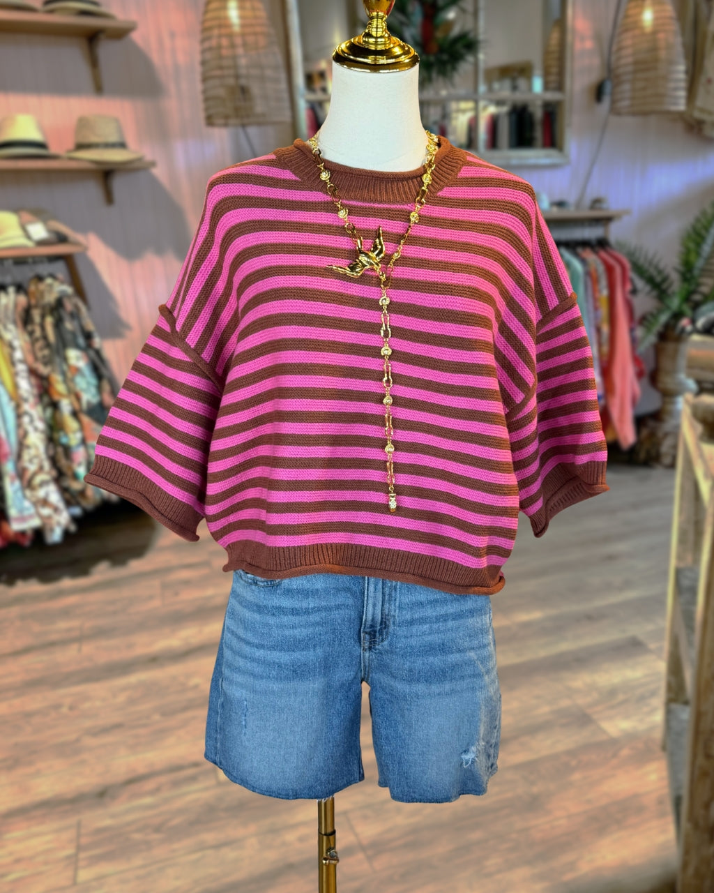 Color-blocked Striped Knit Crewneck Top