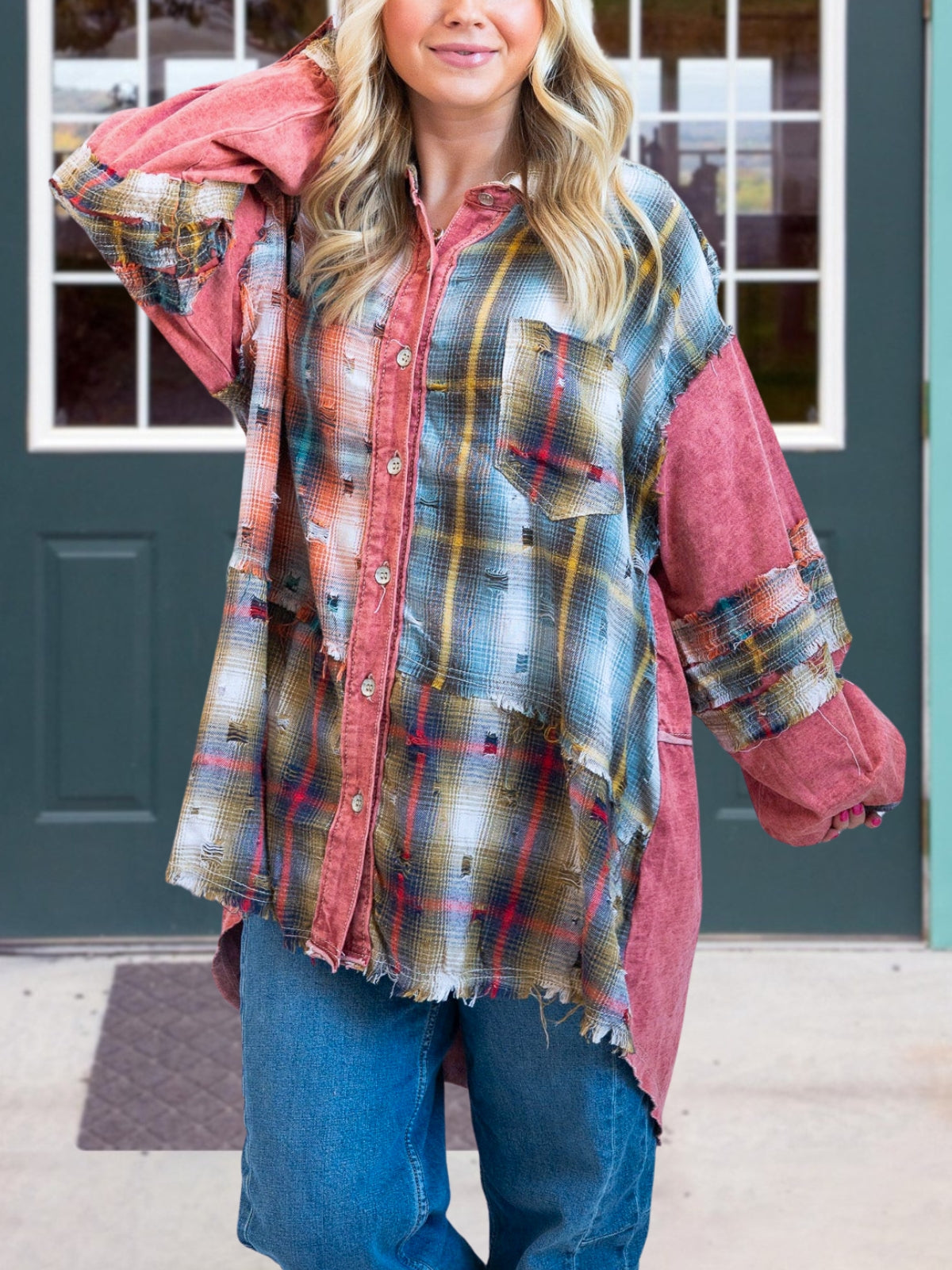 Trendy Plaid Paneled Long Length Shirt