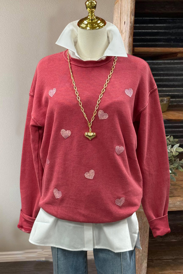 Solid Color Heart Round Neck Sweatshirt