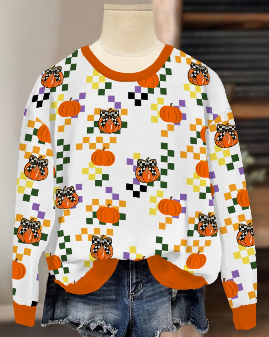 Chic Pumpkin Check Print Sweatshirt