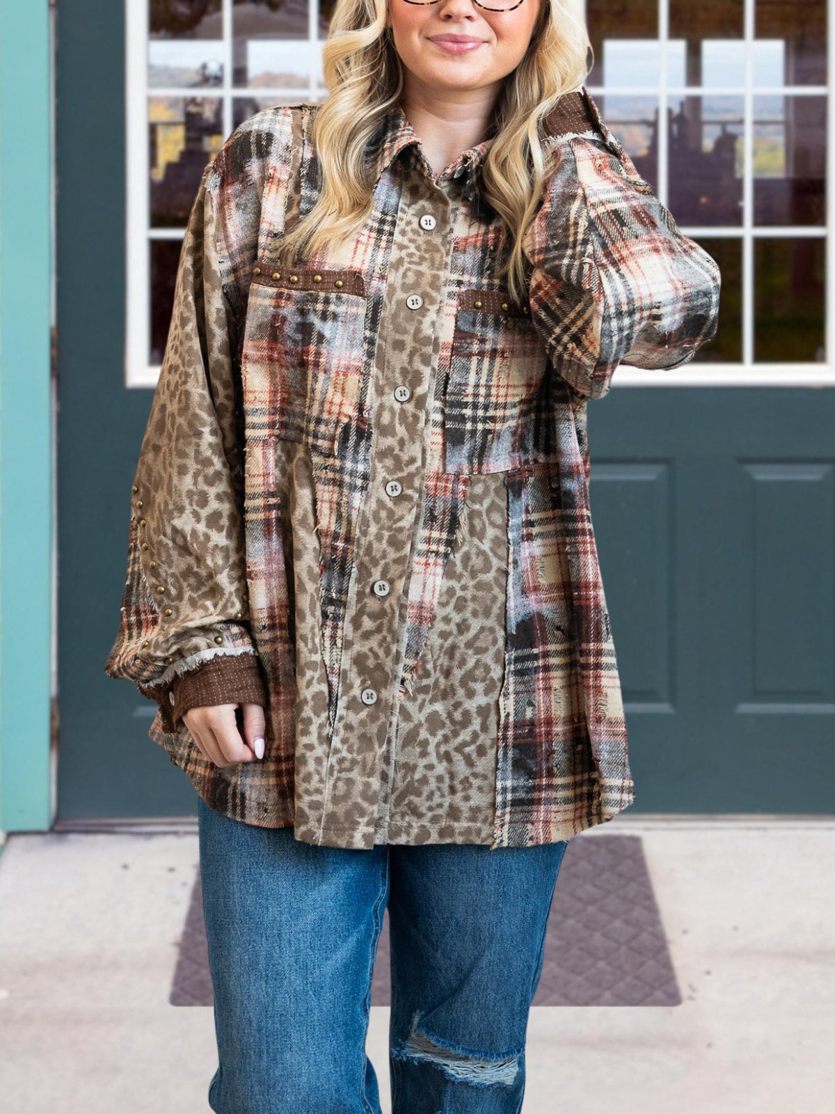 Leopard Print Plaid Patchwork Wool Blend Shirt