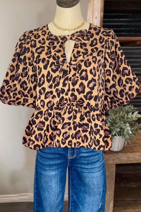 Bow Puff Sleeve Leopard Print Top