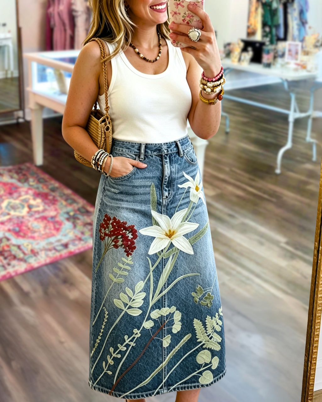 Floral Pattern Denim Skirt