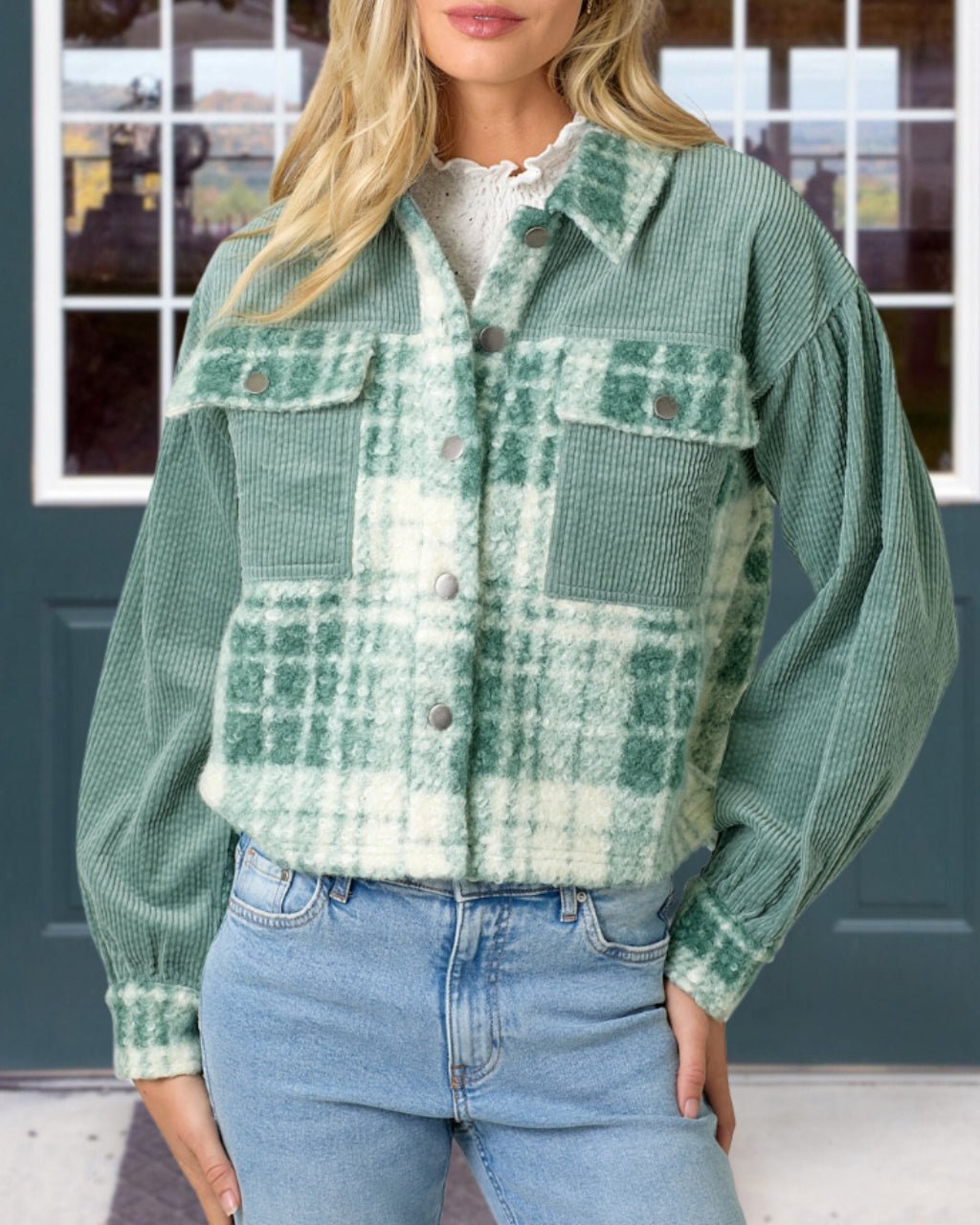 MOON Corduroy+Plaid Cropped Jacket