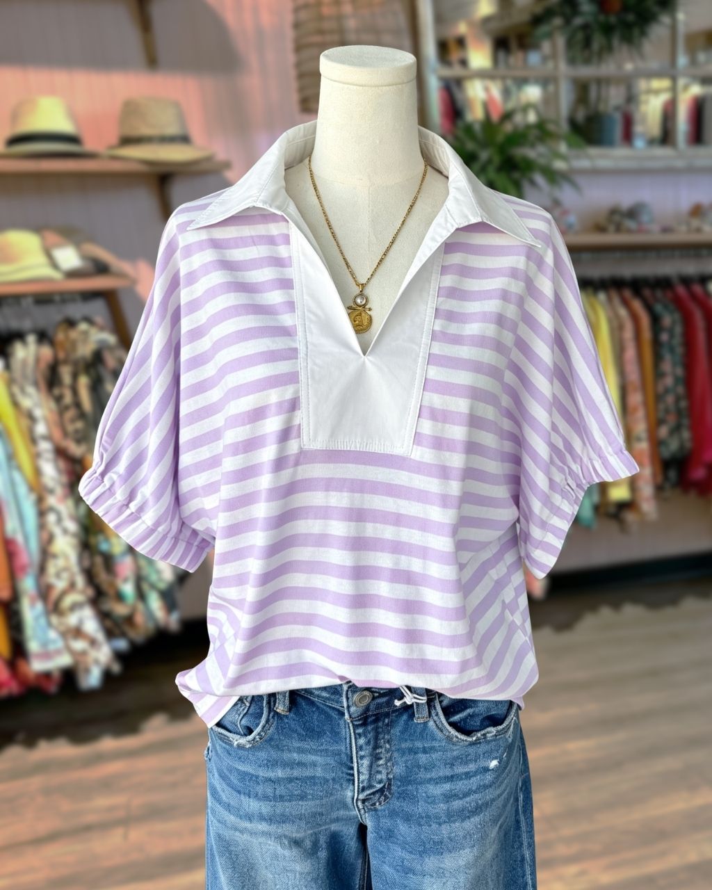 Trendy Striped V-neck Collar Top