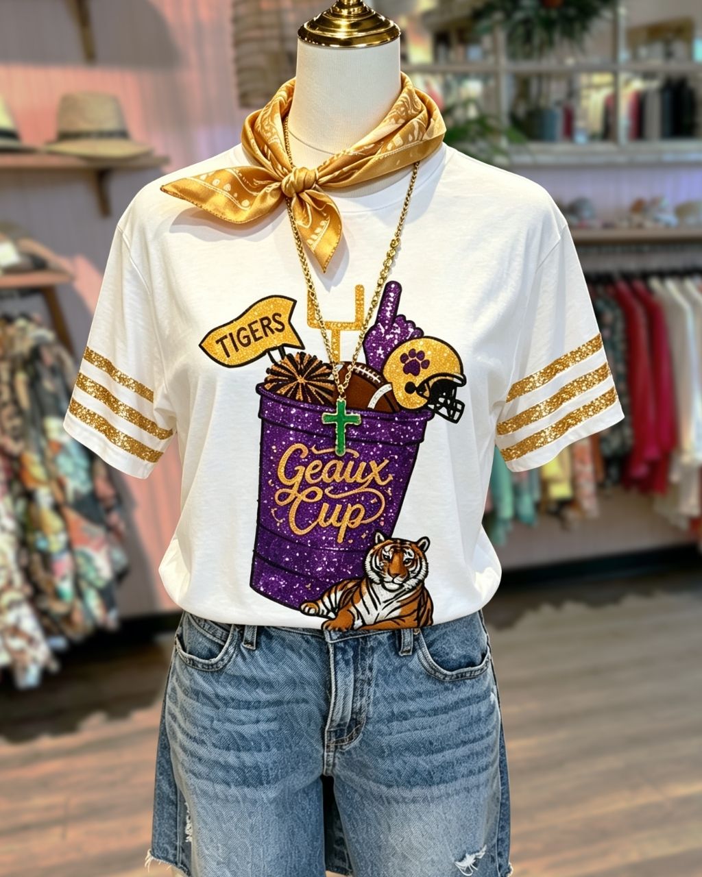 TIGERS Geaux Cup Sequin Tee