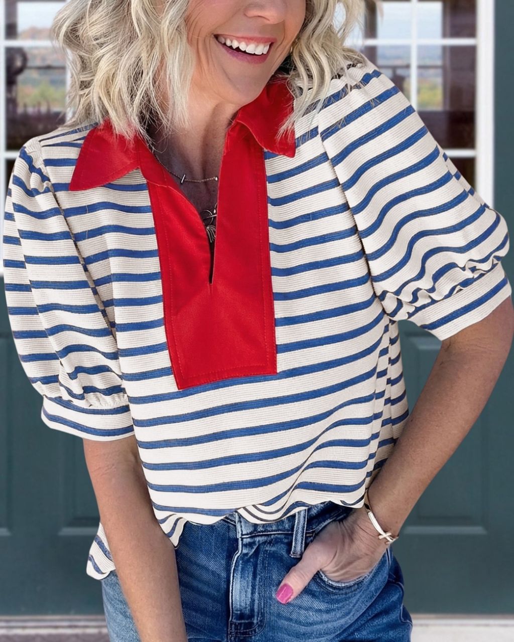 Striped Color-blocked Polo Top