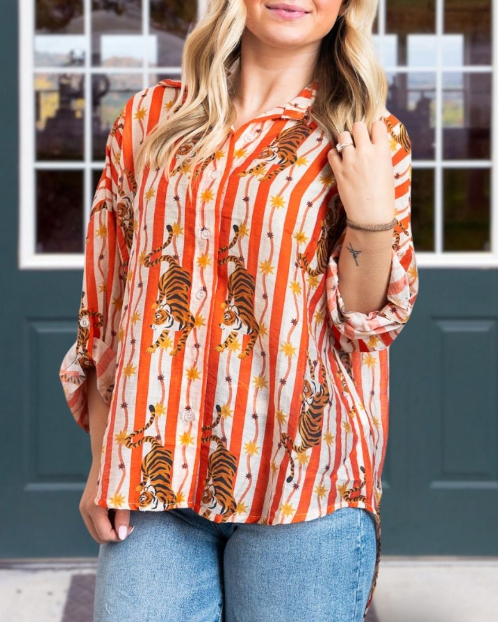 Casual Striped Tiger Print Top