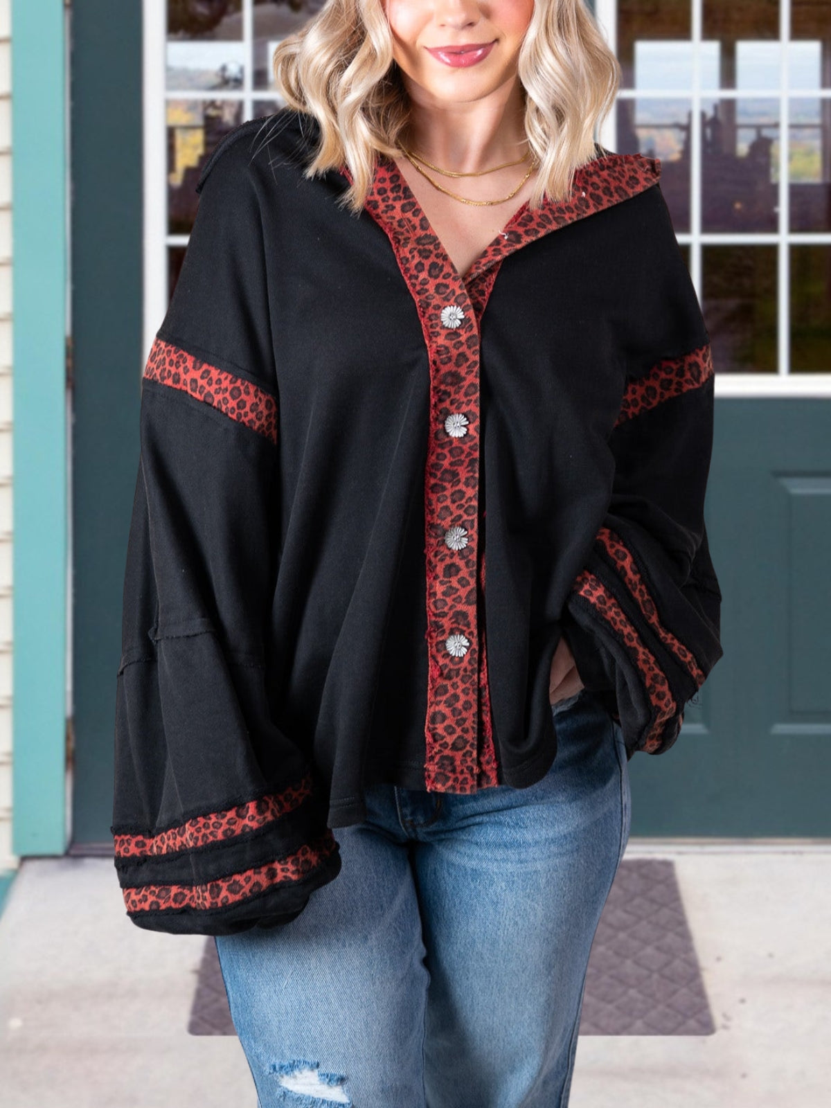 Leopard Print Star Patchwork Hooded Top