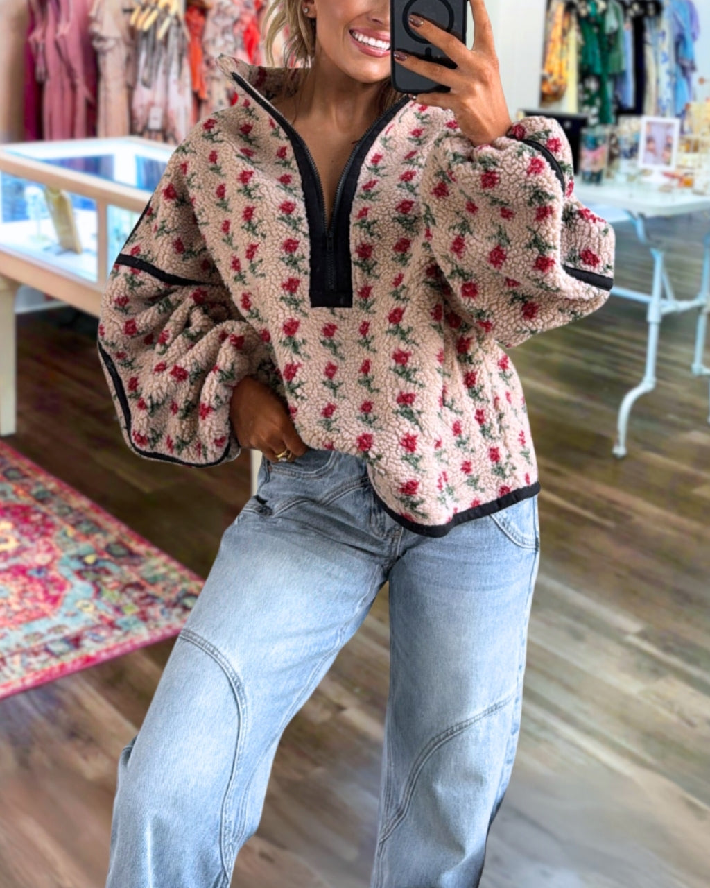 Rose Print Plush Half-zip Pullover