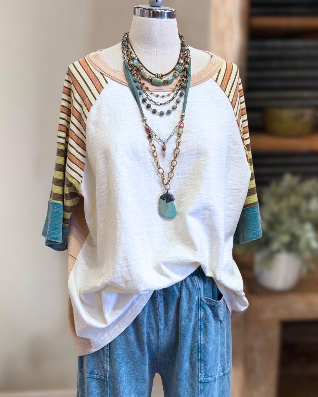 Striped Patchwork Sleeve T-shirt