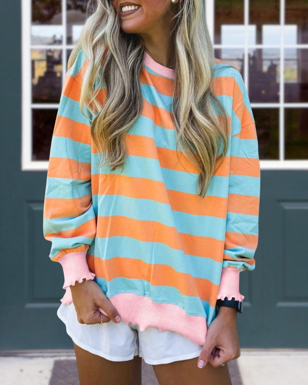 Striped Ruffled Crew Neck Pullover