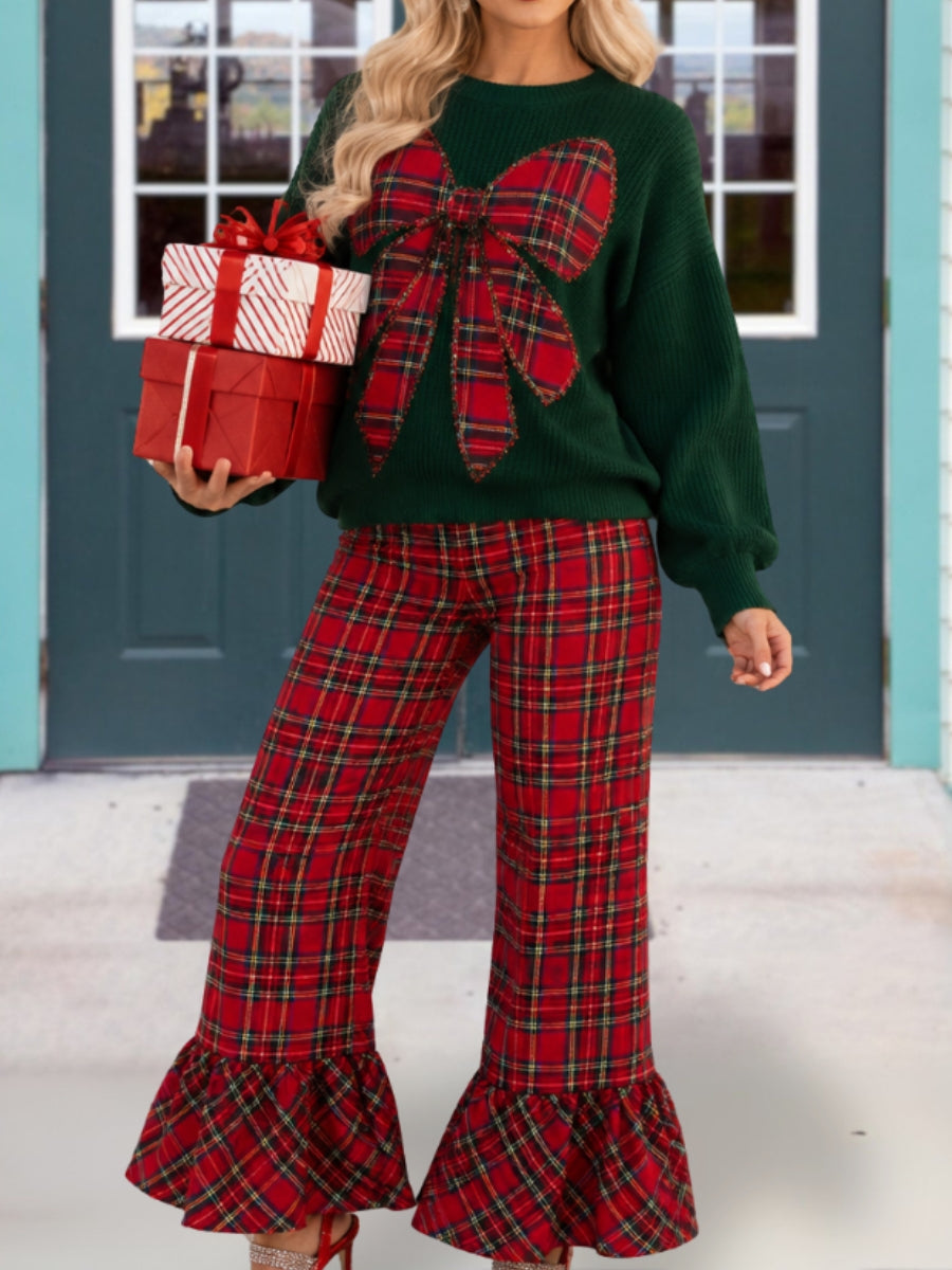 Christmas Plaid Ruffled Flared Pants