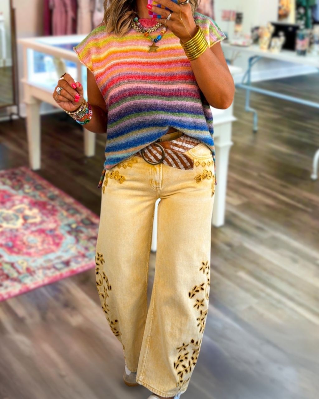 Floral Embroidered Openwork Pants