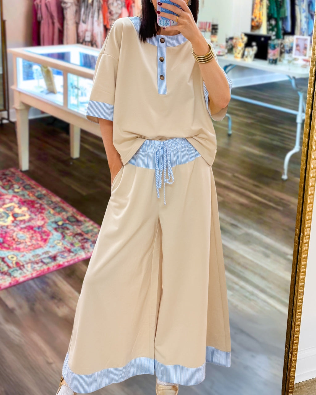 Stylish Striped Trim Henry Set